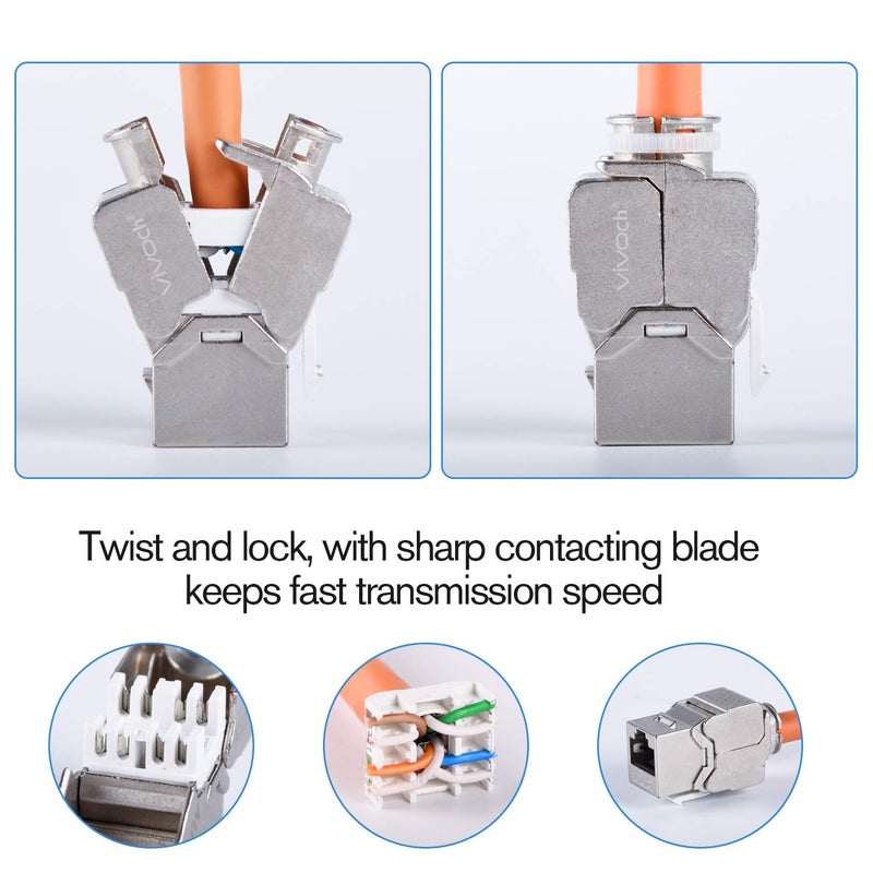 VIVOCH 10 Pcs Cat7 Keystone Jack, Cat7 RJ45 FTP Tool-Less Type Zinc Alloy Module Shielded Keystone Jack Adapter 10 Gigabit Modular Jack - Image 4